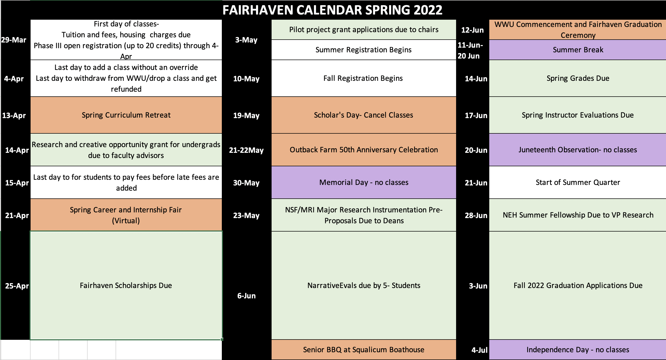 Fairhaven Academic Calendar Winter 2022 Fairhaven College of